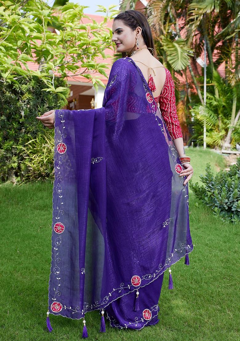Purple Embroidered Chiffon Saree Set