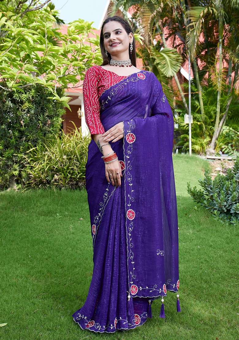 Purple Embroidered Chiffon Saree Set - Indya