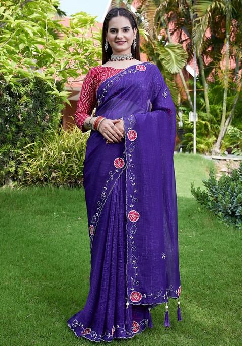 Purple Embroidered Chiffon Saree Set