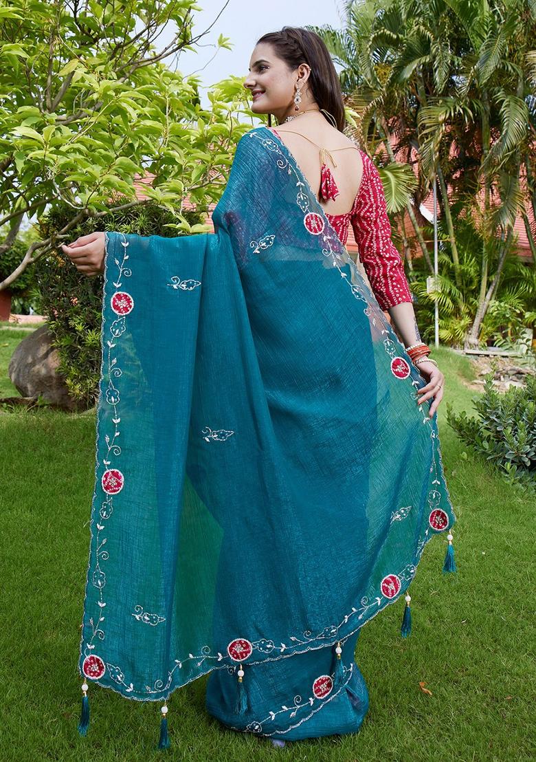 Rama Embroidered Chiffon Saree Set