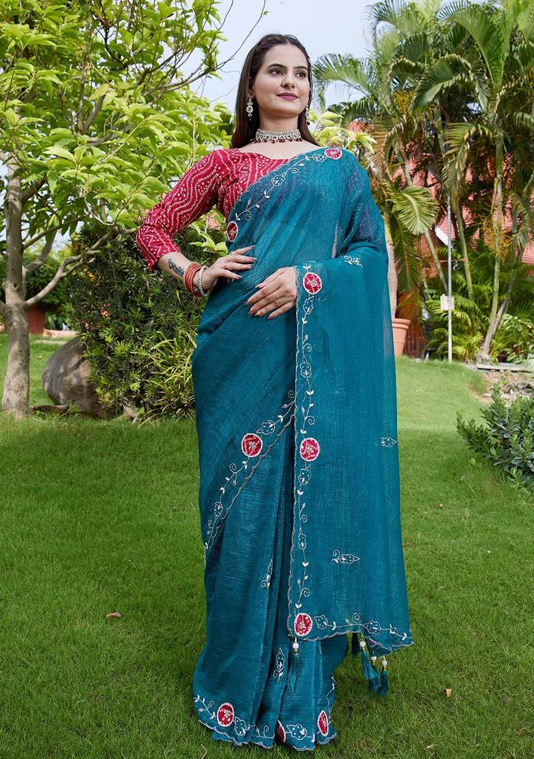 Rama Embroidered Chiffon Saree Set - Indya