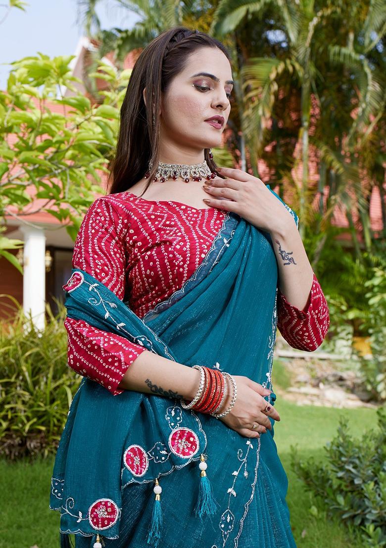 Rama Embroidered Chiffon Saree Set