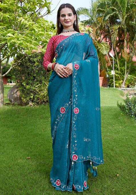 Rama Embroidered Chiffon Saree Set