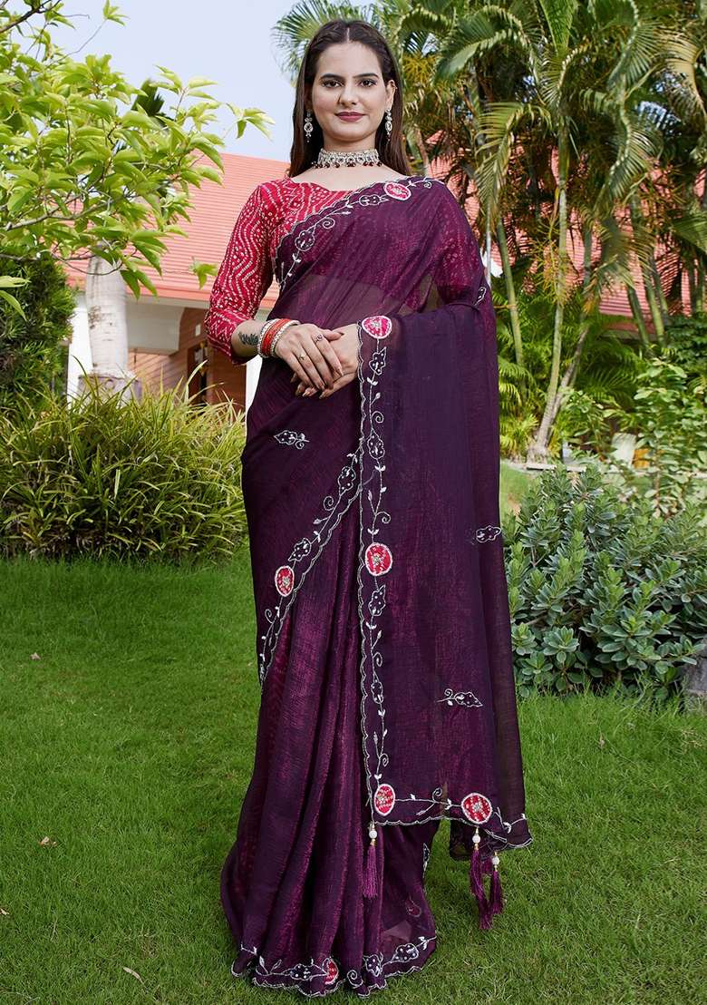 Wine Embroidered Chiffon Saree Set - Indya
