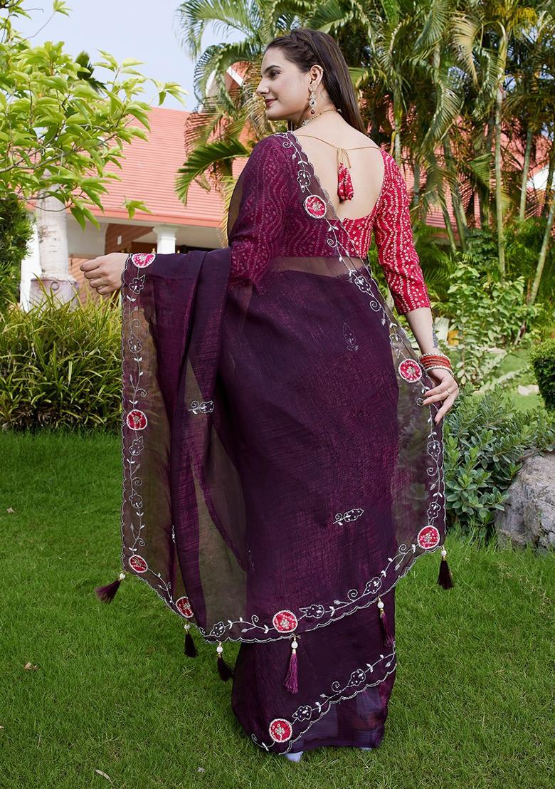 Wine Embroidered Chiffon Saree Set