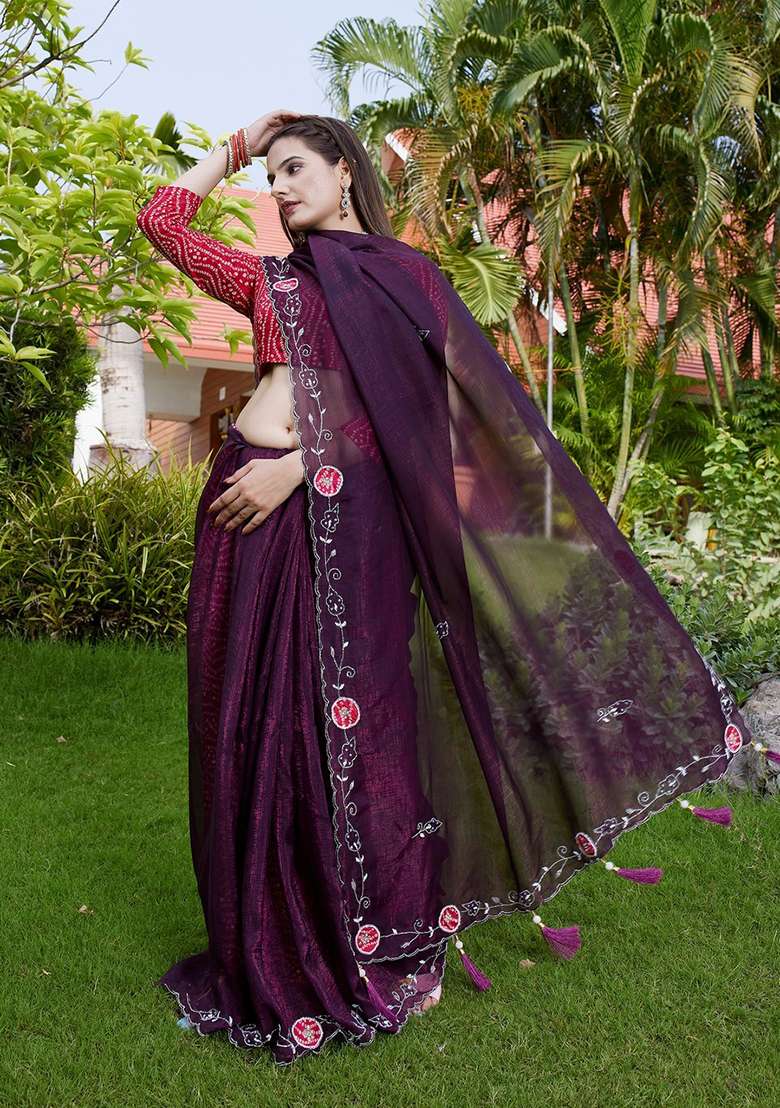 Wine Embroidered Chiffon Saree Set - Indya