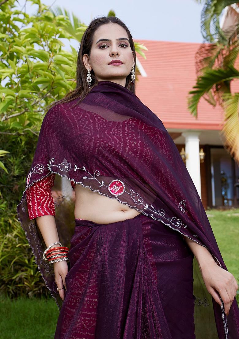 Wine Embroidered Chiffon Saree Set