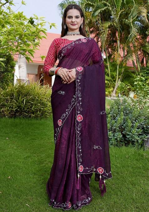 Wine Embroidered Chiffon Saree Set