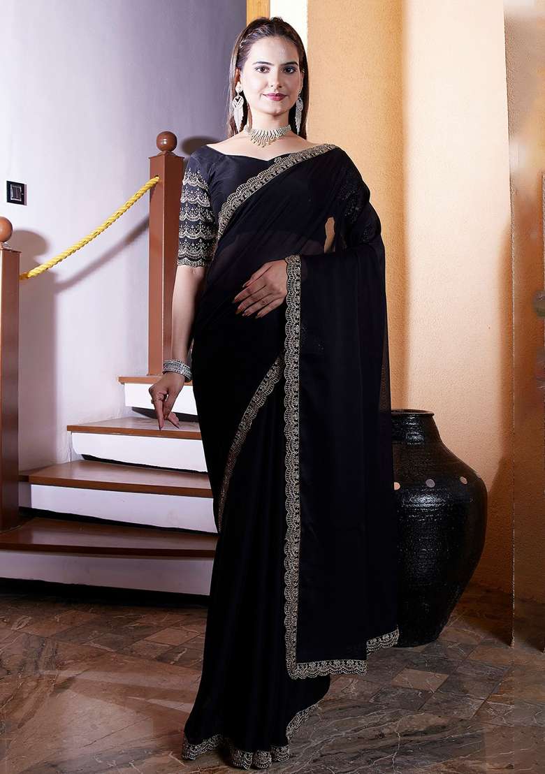 Black Embroidered Chiffon Saree Set - Indya