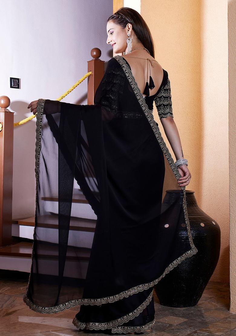 Black Embroidered Chiffon Saree Set