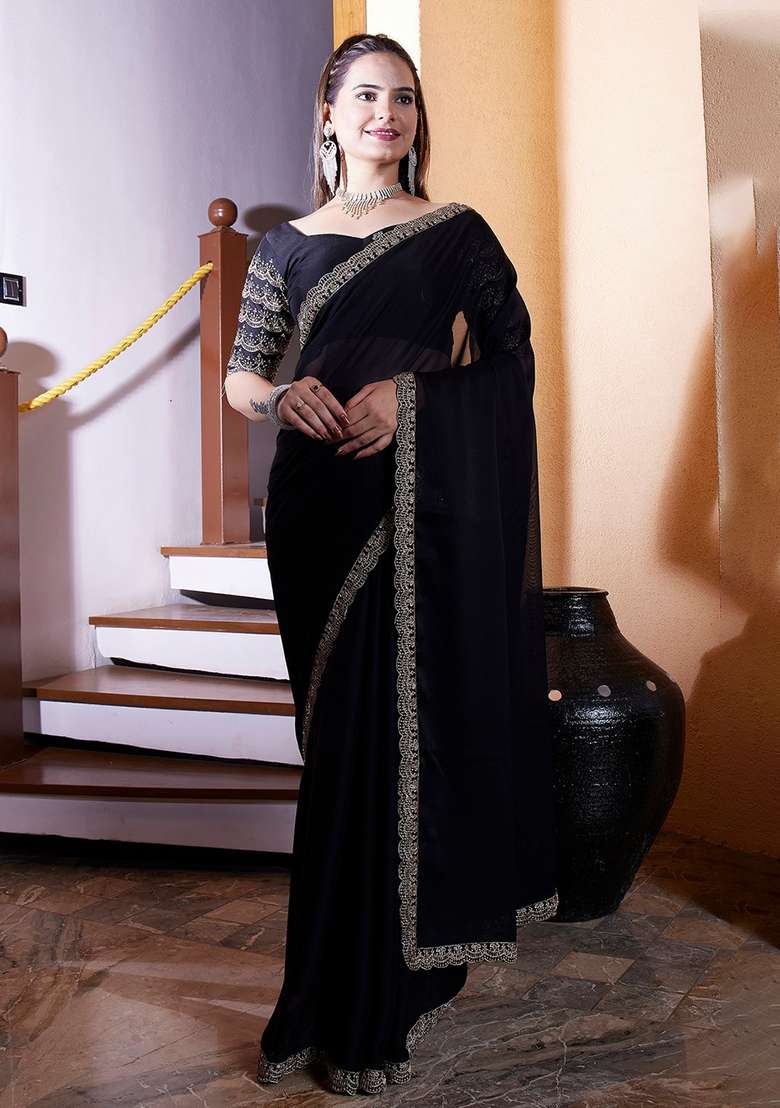 Black Embroidered Chiffon Saree Set - Indya