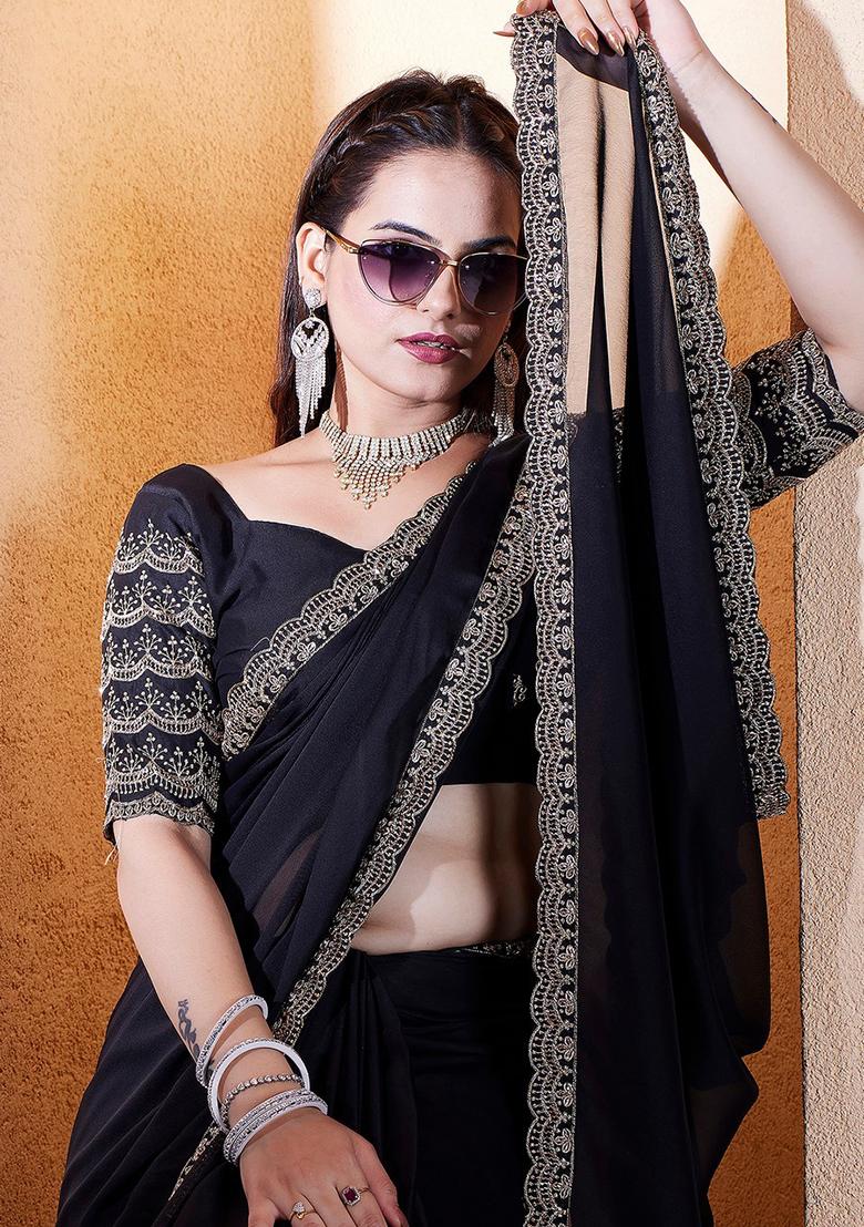 Black Embroidered Chiffon Saree Set