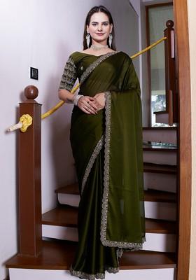 Mehandi Embroidered Chiffon Saree Set