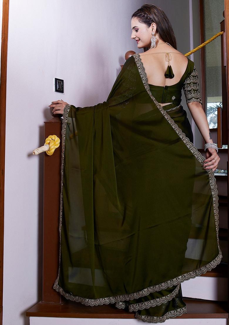 Mehandi Embroidered Chiffon Saree Set