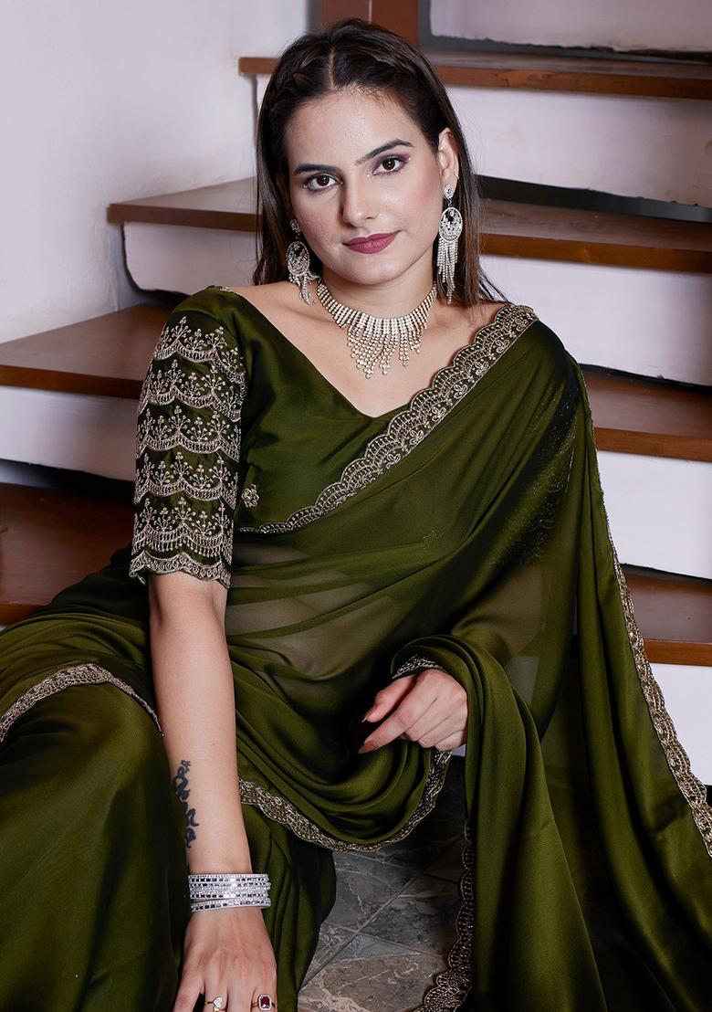 Mehandi Embroidered Chiffon Saree Set