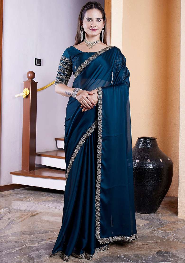 Morpeach Embroidered Chiffon Saree Set - Indya