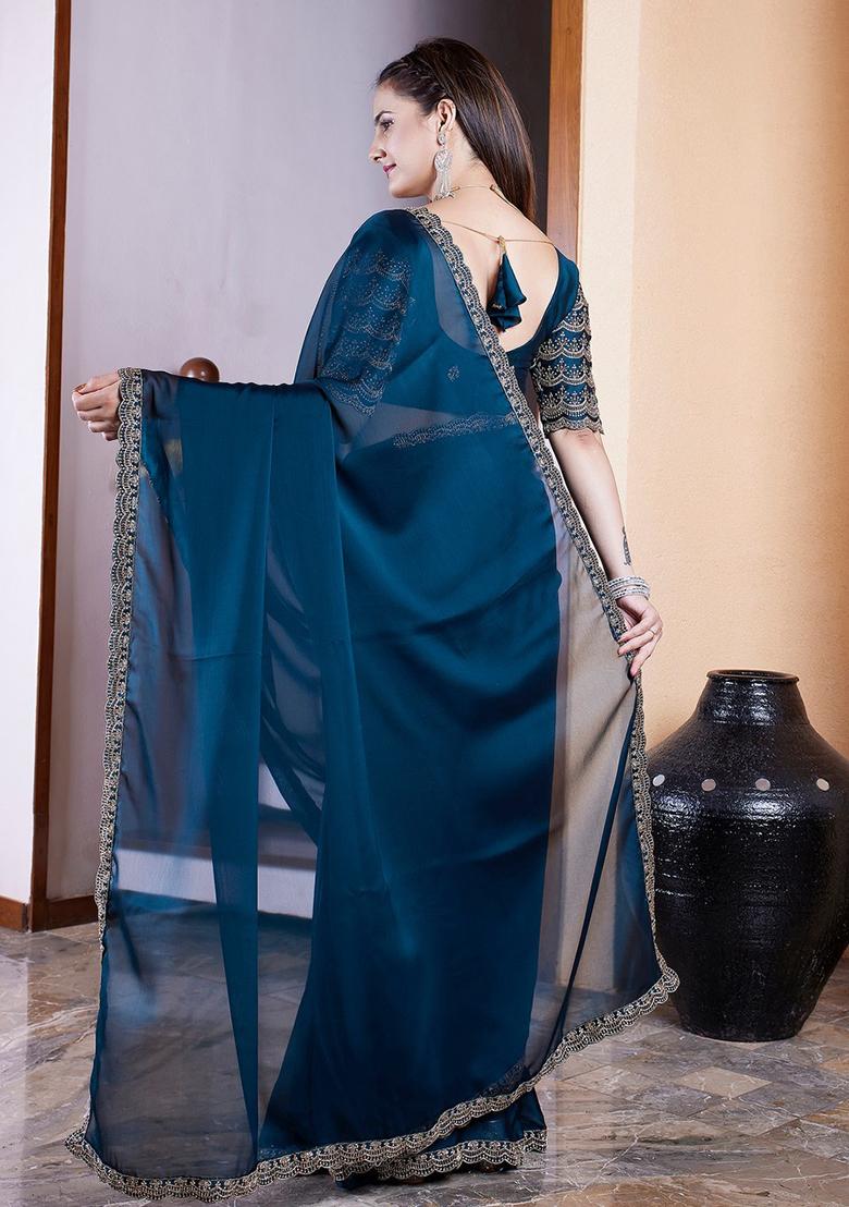 Morpeach Embroidered Chiffon Saree Set