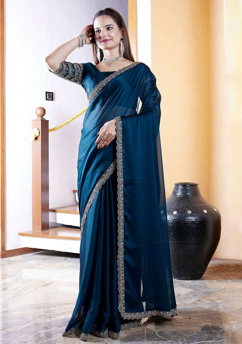Morpeach Embroidered Chiffon Saree Set - Indya
