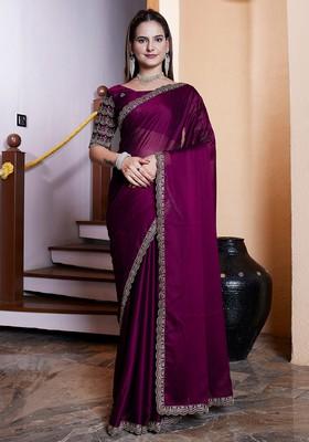 Wine Embroidered Chiffon Saree Set