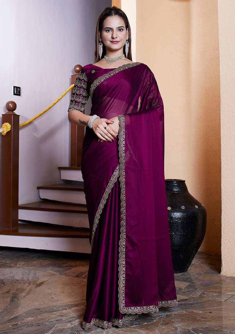 Wine Embroidered Chiffon Saree Set - Indya