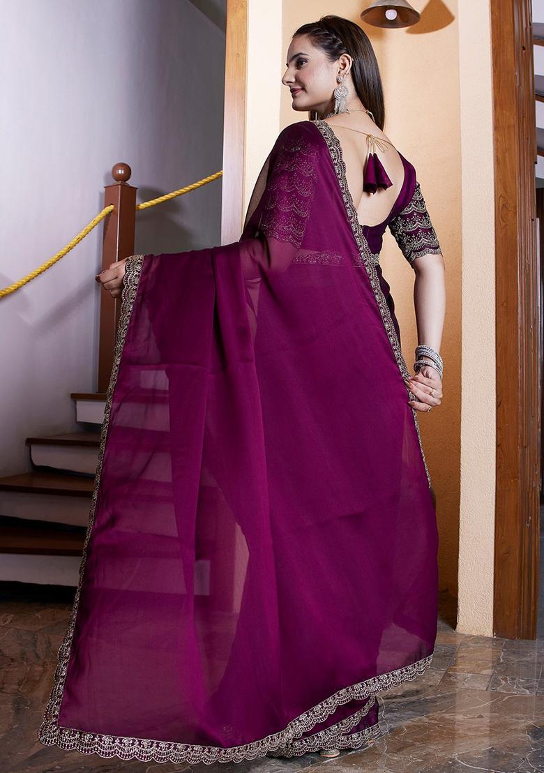 Wine Embroidered Chiffon Saree Set