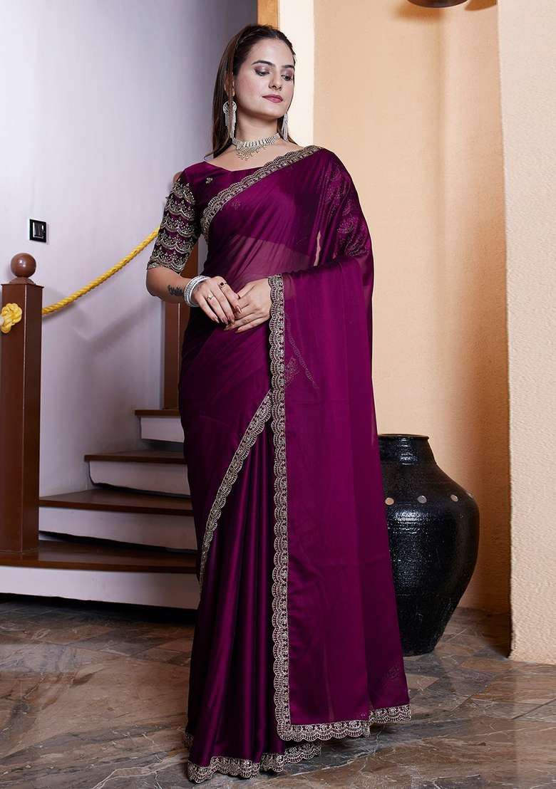 Wine Embroidered Chiffon Saree Set - Indya