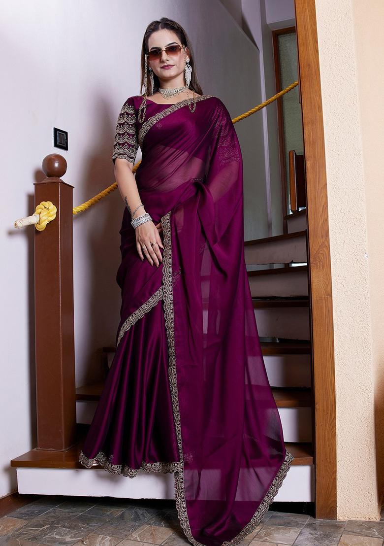 Wine Embroidered Chiffon Saree Set