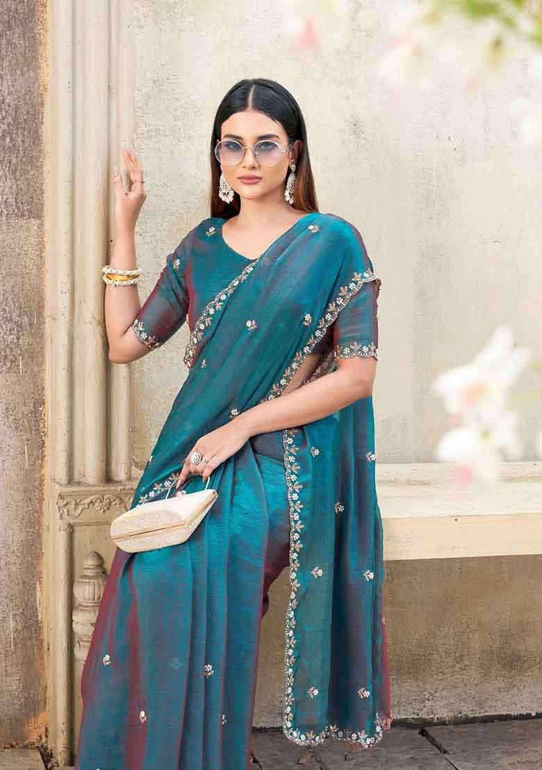 Blue Embroidered Chiffon Saree Set