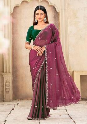 Bottlegreen Embroidered Chiffon Saree Set