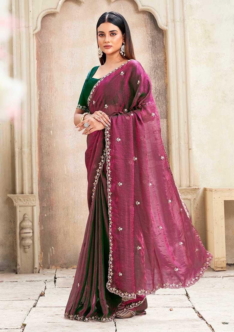 Bottlegreen Embroidered Chiffon Saree Set