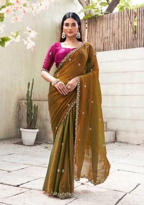 Wine Embroidered Chiffon Saree Set