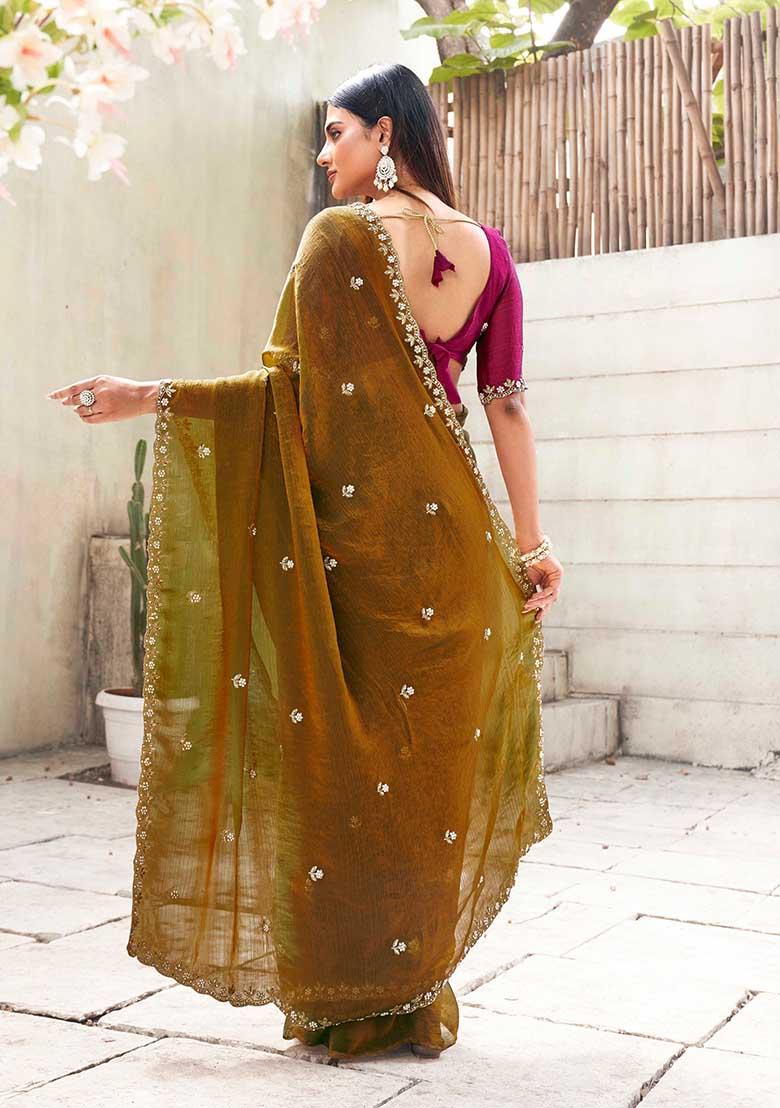 Wine Embroidered Chiffon Saree Set
