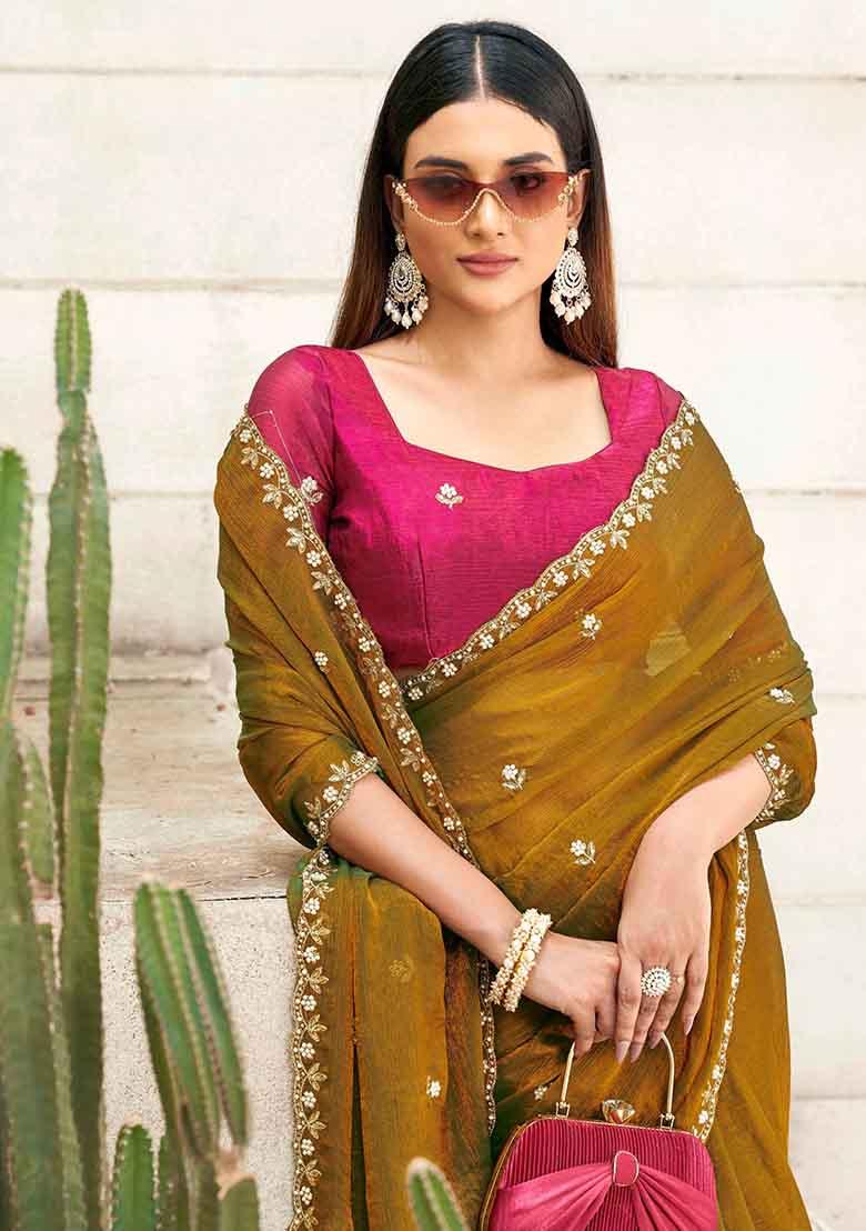 Wine Embroidered Chiffon Saree Set