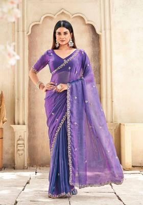Lavender Embroidered Chiffon Saree Set