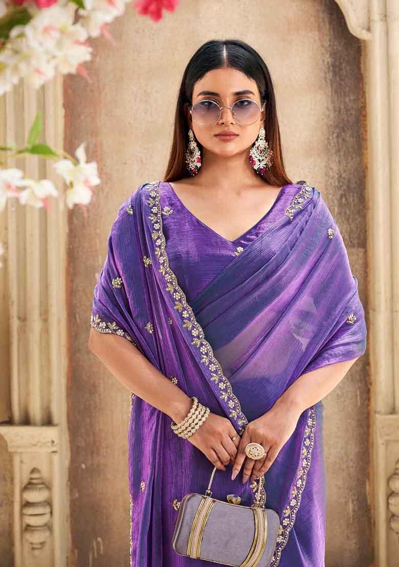 Lavender Embroidered Chiffon Saree Set