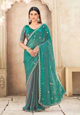 Green Embroidered Chiffon Saree Set