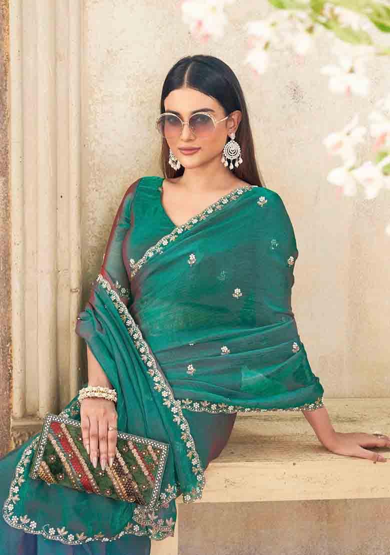 Green Embroidered Chiffon Saree Set