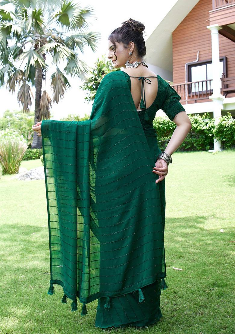 Bottlegreen Embroidered Chiffon Saree Set
