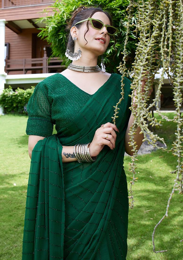 Bottlegreen Embroidered Chiffon Saree Set
