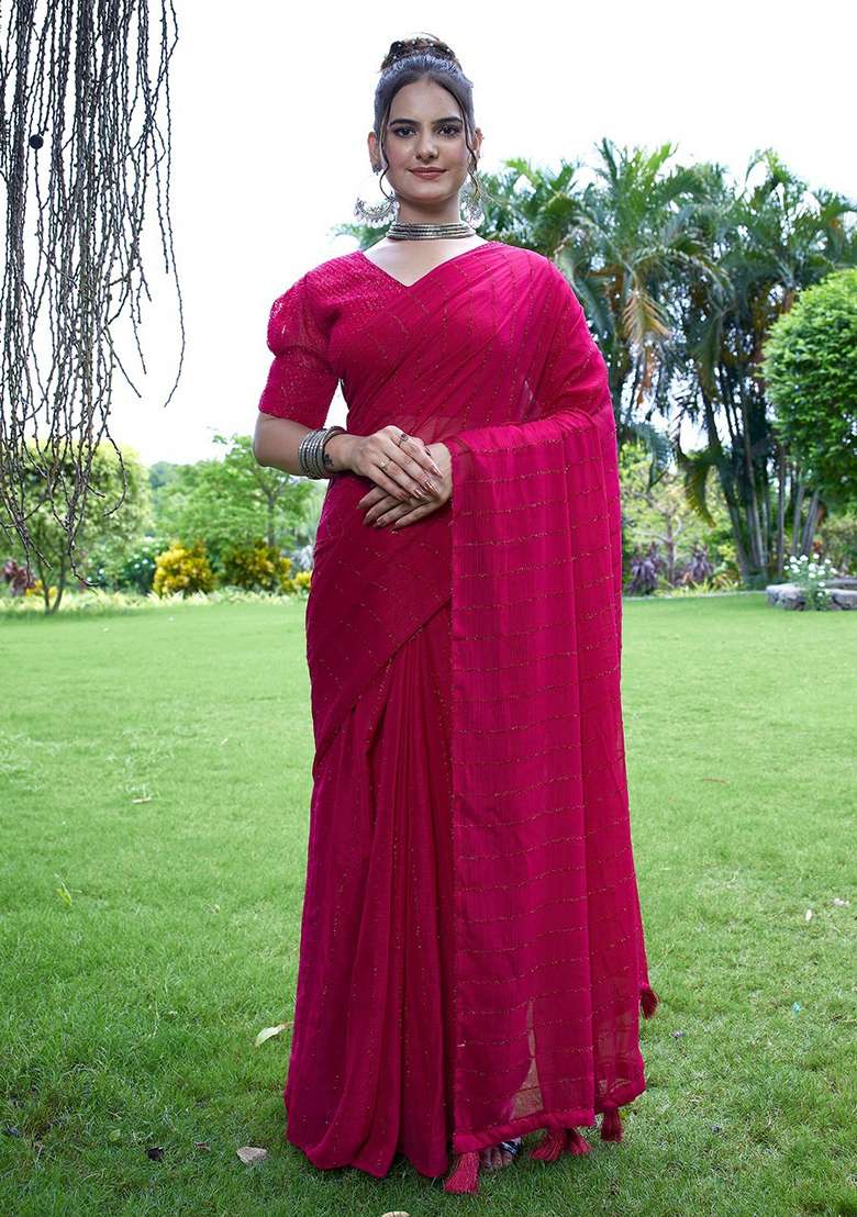 Cherry Embroidered Chiffon Saree Set - Indya