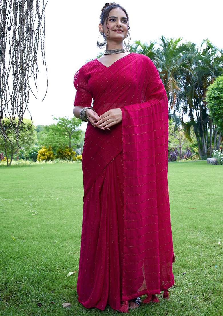 Cherry Embroidered Chiffon Saree Set - Indya