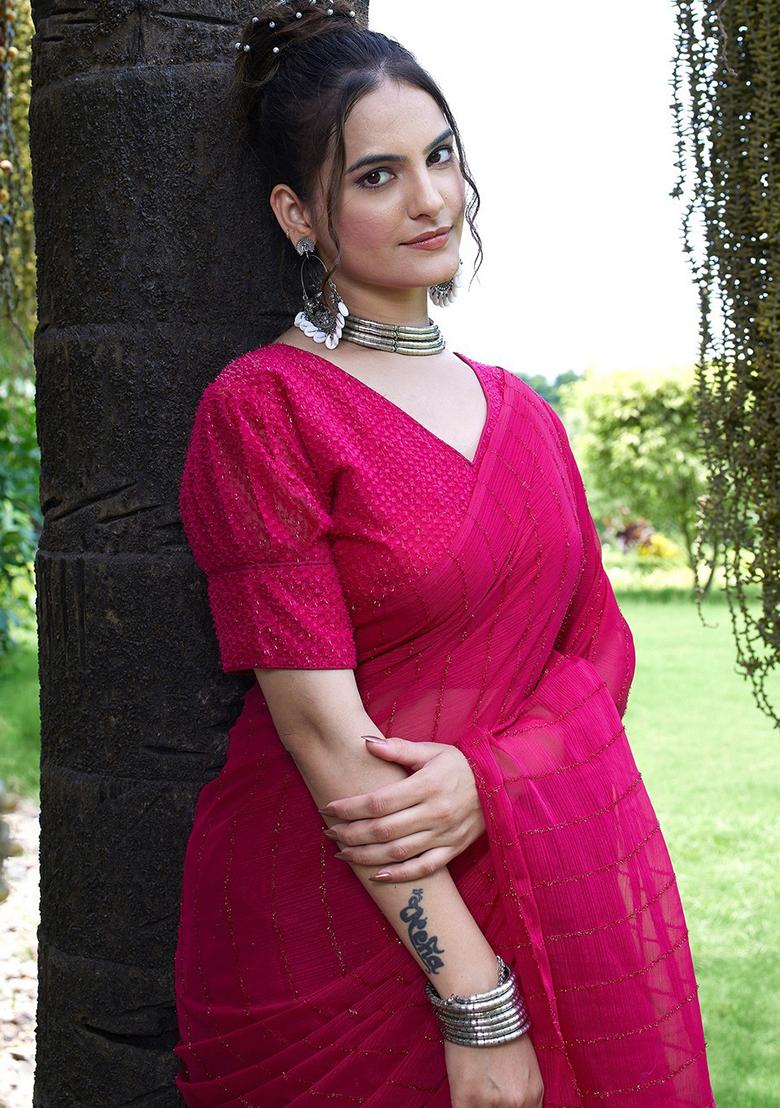 Cherry Embroidered Chiffon Saree Set