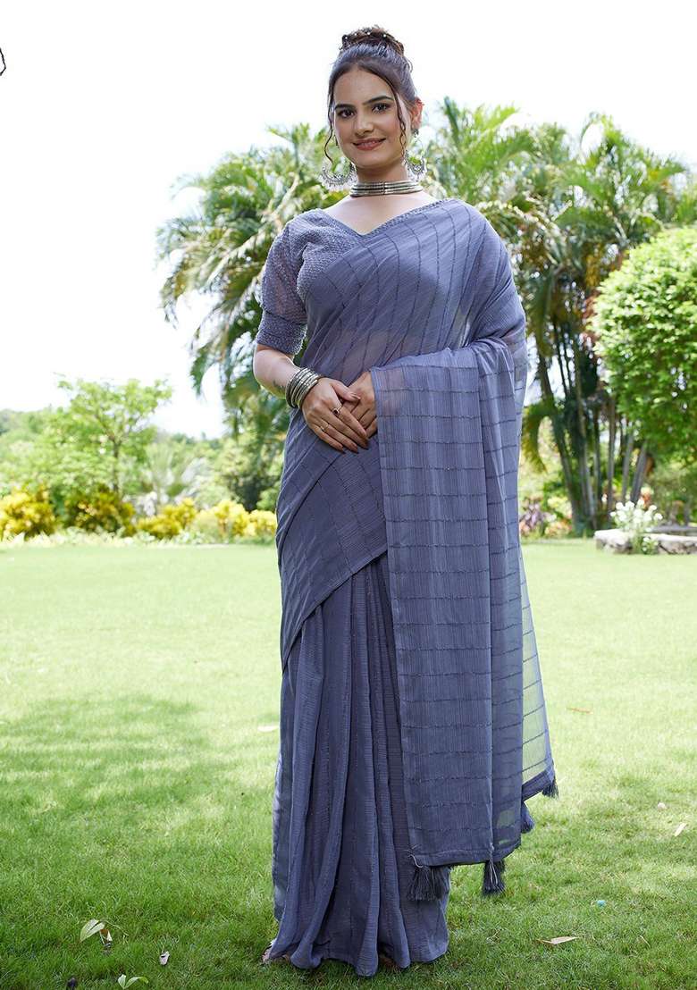 Grey Embroidered Chiffon Saree Set - Indya