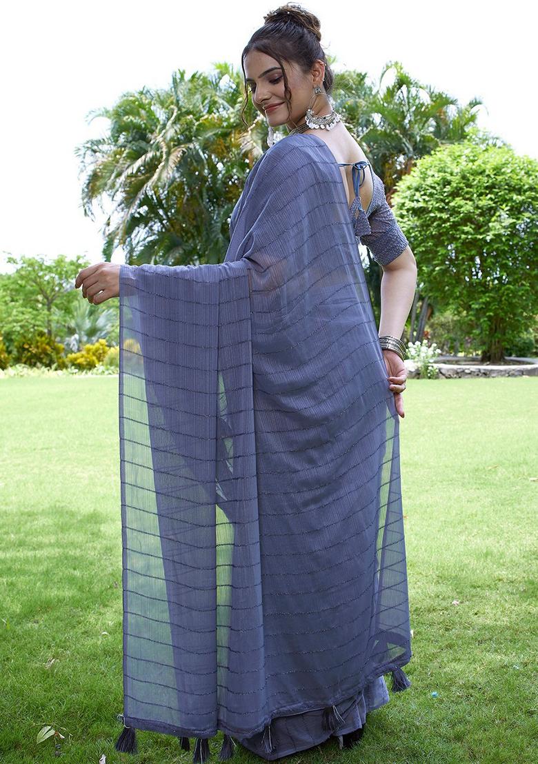 Grey Embroidered Chiffon Saree Set
