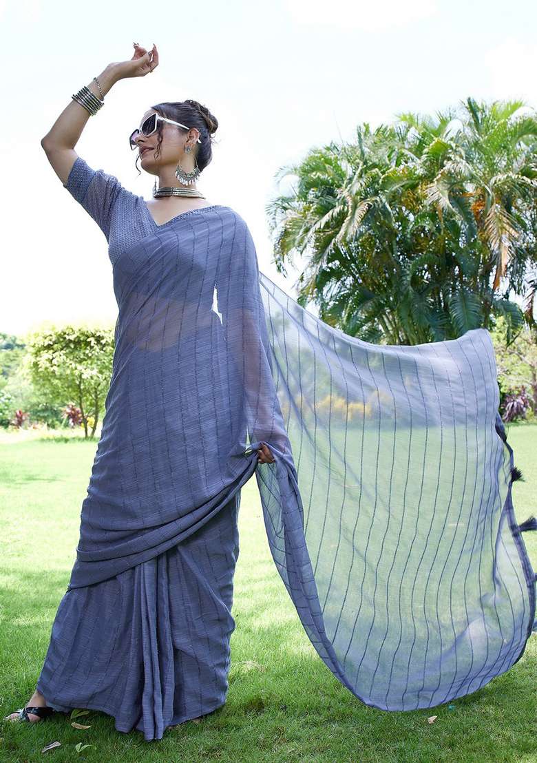 Grey Embroidered Chiffon Saree Set - Indya