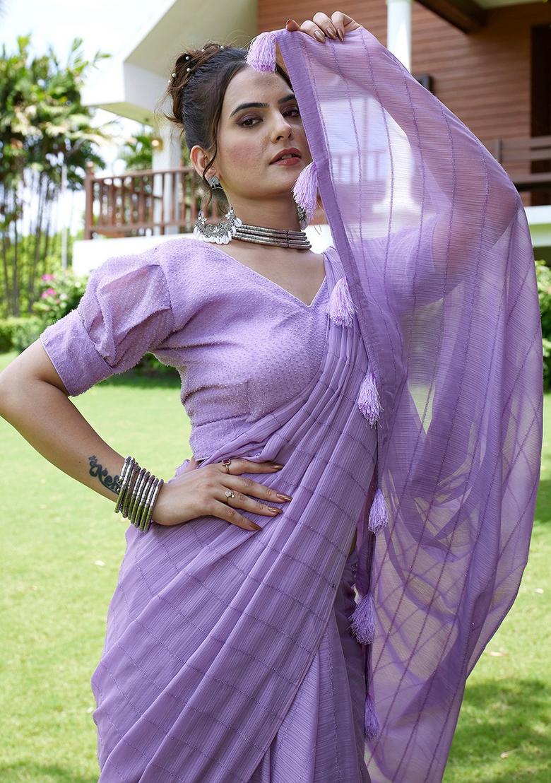 Lavender Embroidered Chiffon Saree Set