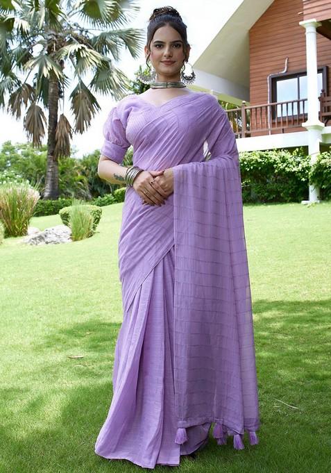 Lavender Embroidered Chiffon Saree Set