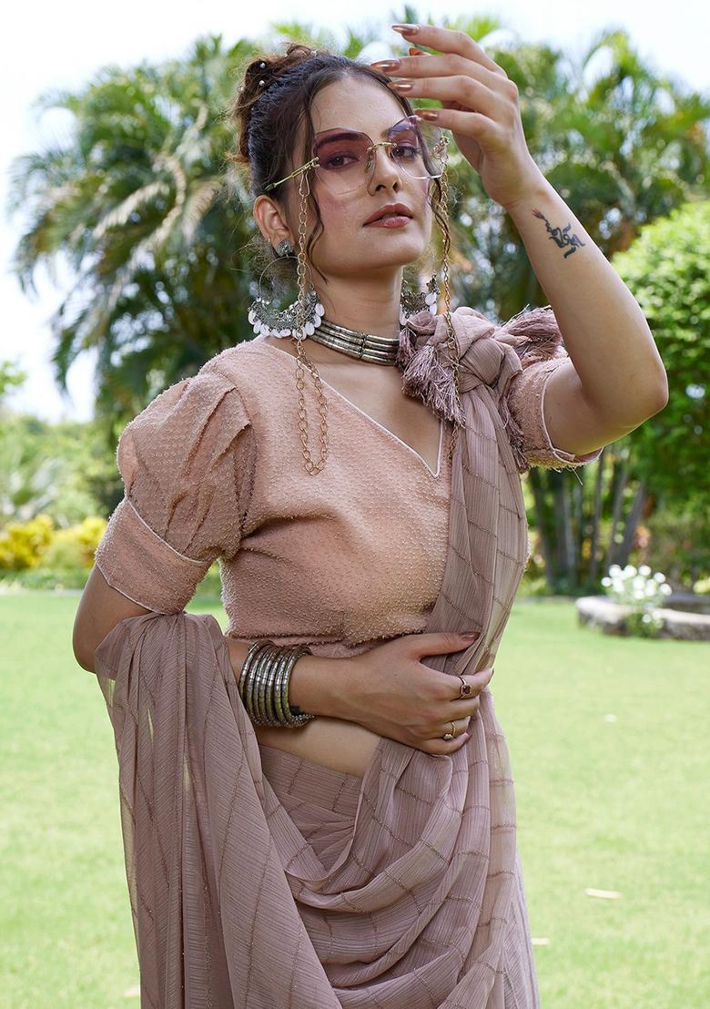 Chiku Embroidered Chiffon Saree Set