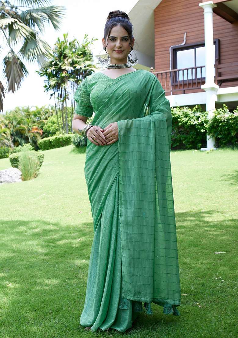 Pista Embroidered Chiffon Saree Set - Indya