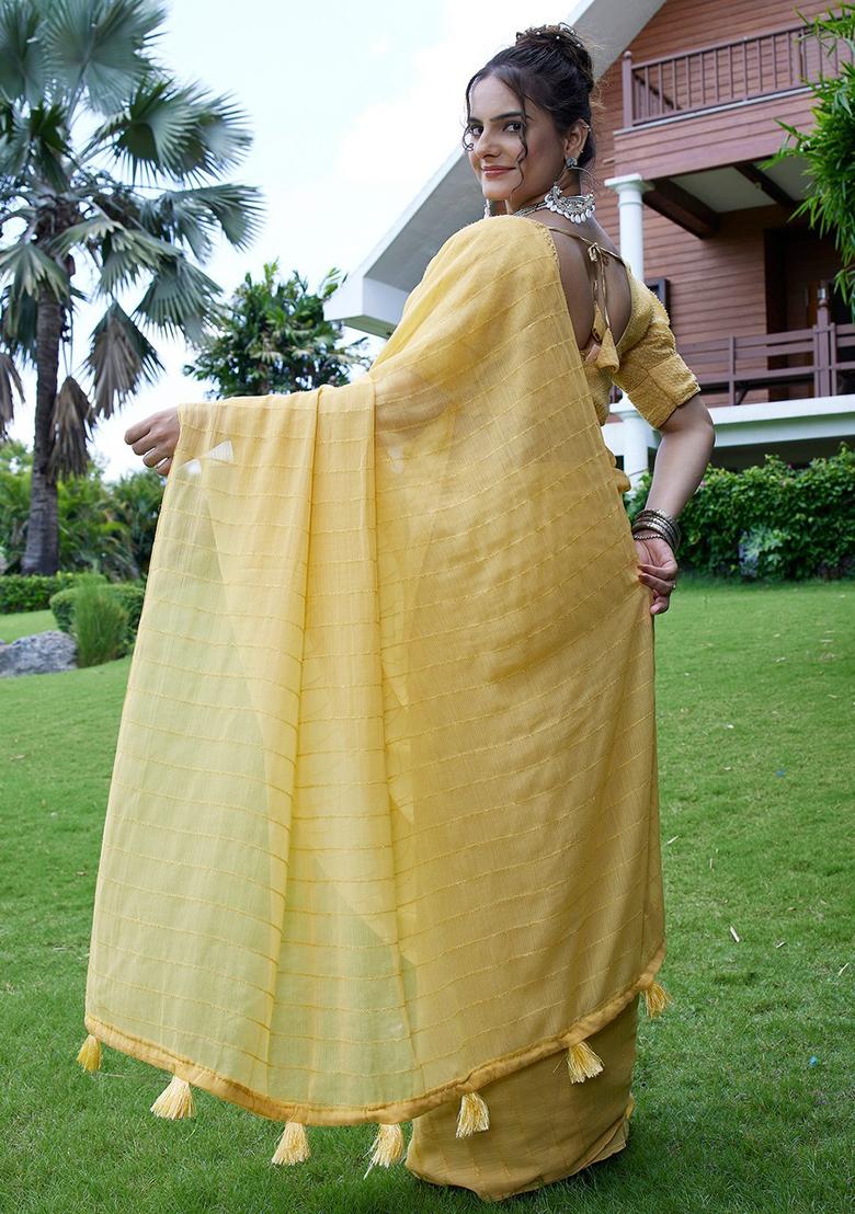 Yellow Embroidered Chiffon Saree Set